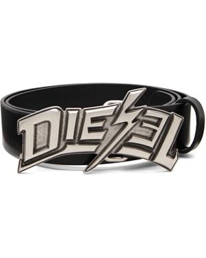 DIESEL Lightning Bolt Buckle Leather Belt - Black