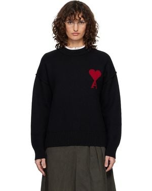 Ami Paris Wool Crewneck Ami De Coeur Jumper - Black