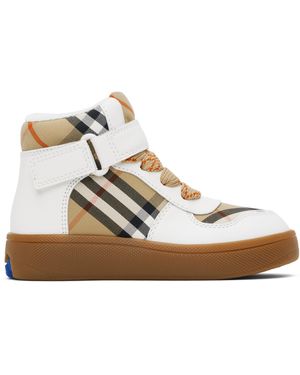 Burberry キッズ｜ベージュ チェック＆レザー ハイカットスニーカー - ホワイト