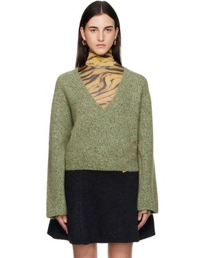 Ganni Pull Vert En Mohair Brossé Mélangé À Col En V