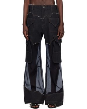 ANDERSSON BELL Pantalon Cargo Noir En Crêpe Semi-Transparent En Denim