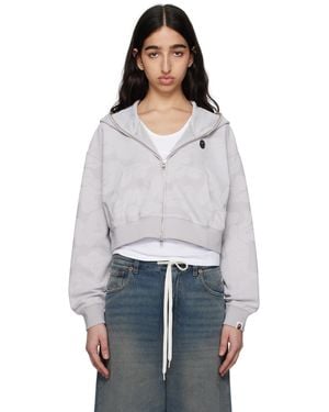 A Bathing Ape Pull À Capuche Écourté Gris À Glissière Et À Motif Camouflage En Jacquard - Blanc