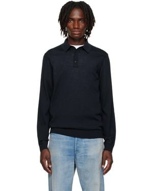 BOSS ネイビー Long Sleeved-Wool バージンウール ポロシャツ - ブラック