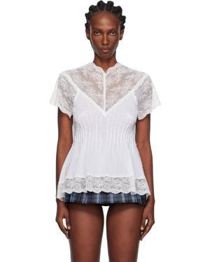 Pushbutton Lace Trim Darted Top - White