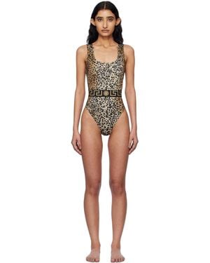 Versace ブラウン＆ブラック グレカ ボーダー ワンピース スイムウェア