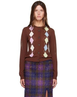 Ganni Cardigan Brun À Motif Argyle - Rouge