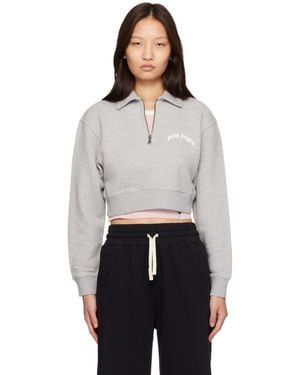 Palm Angels Curved Logo Crop Crew Long Sleeve Polo - Grey