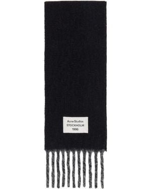 Acne Studios ブラック＆グレー ロゴラベル フリンジ マフラー