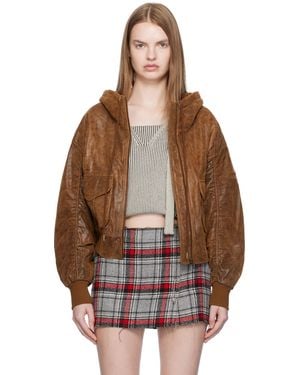 R13 Tan Shirred Oversized Leather Bomber Jacket - Brown