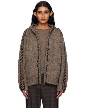 OPEN YY Stitch Zip Up Knit Hoodie - Brown
