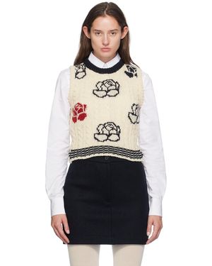 Thom Browne Gilet Blanc En Tricot Câblé De Fil Donegal À Images De Rose - Noir