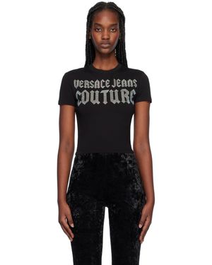 Versace Jeans Couture ブラック ラインストーン ゴシックロゴ クロップド Tシャツ