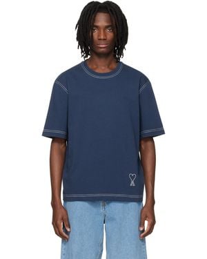 Ami Paris Boxy Fit Topstitched Ami De Coeur T-Shirt - Blue