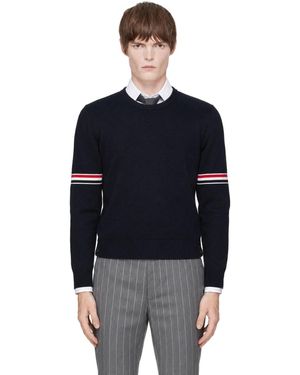 Thom Browne Pull Bleu Marine À Brassards Tricolores - Noir