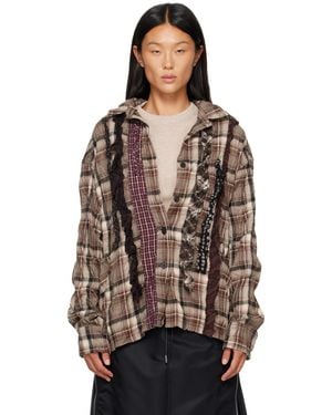 OPEN YY Chequered Crinkle Ruffle Shirt - Brown