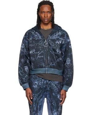 we11done Tattoo Printed Zip-Up Hoodie - Blue