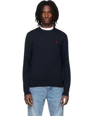 Ami Paris Pull À Col Ras Du Cou Bleu En Laine À Logo Ami De Cœur Contrastant - Noir