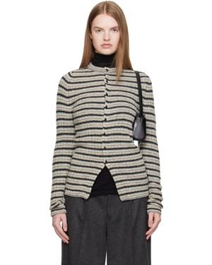 AURALEE グレー シェットランドウール カシミヤ リブ クルーネック カーディガン - ブラック