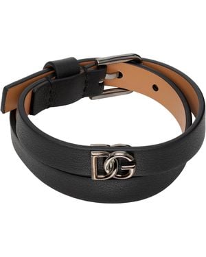 Dolce & Gabbana Bracelet En Cuir De Veau À Logo Dg - Noir