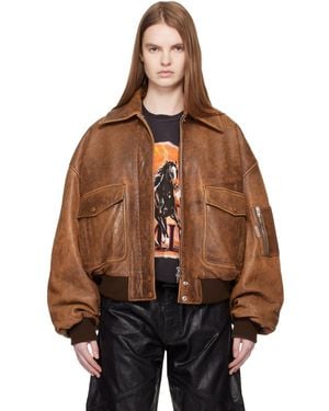 Amiri Tan Faded Leather Bomber Jacket - Brown