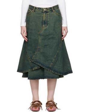 ANDERSSON BELL Custom Flare Layered Denim Midi Skirt - Green