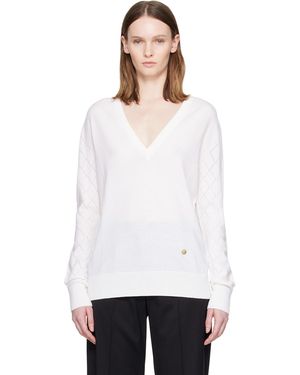 Balmain Pull Blanc En Tricot Léger À Col En V