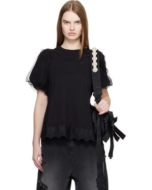 Simone Rocha Tulle Overlay Puff Sleeve Lace Trim T-Shirt - Black