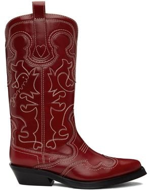 Ganni Red Mid Shaft Embroidered Western Boots
