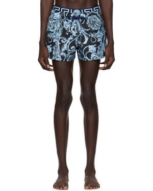 Versace ブルー バロッコ ステンシル スイムショーツ - ブラック