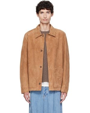 BOSS Tan Button-Up Suede Checkered Lining Leather Jacket - Brown
