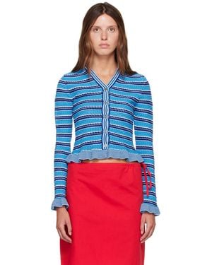 Ganni Cardigan Bleu En Pointelle De Coton À Rayures