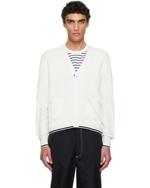 Thom Browne Off- Half & Half Textured Stitch Relaxed Fit V Neck Cardigan - White