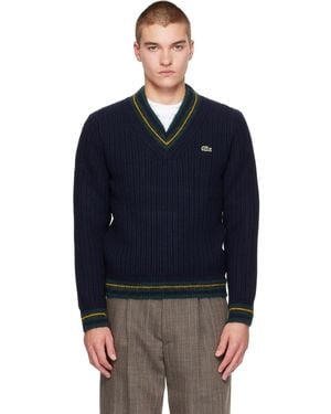 Lacoste Striped Wool V-Neck Sweater - Blue