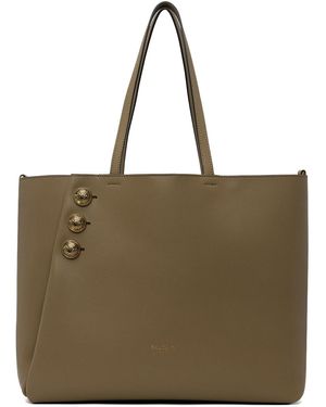 Balmain Cabas taupe en cuir de veau grainé - emblème - Vert