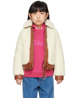 Chloé キッズ｜オフホワイト フェイクシアリング＆フェイクレザー ジャケット - レッド