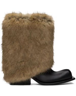 FIDAN NOVRUZOVA Layered Leather Ankle Boots with Faux-Fur Collar - Green