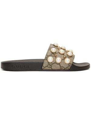 Gucci GG Supreme Slides With Pearls - Natural