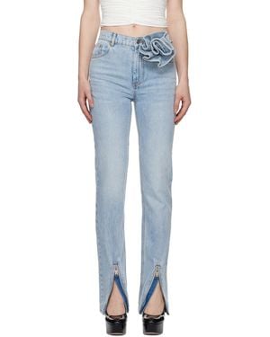 Area Flower Corsage Ankle Zip Jeans - Blue