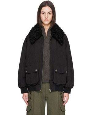 Moncler Blouson Noir En Coton Ciré À Col En Peau Retournée D'Agneau