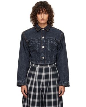 Pushbutton Blouson Écourté Noir À Imprimé Trompe L'Œil De Style Denim - Bleu