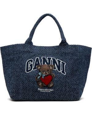 Ganni Medium Trapeze Bear Denim Shopper Tote - Blue