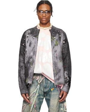 Acne Studios グレー プリント ニットカーディガン - ブラック