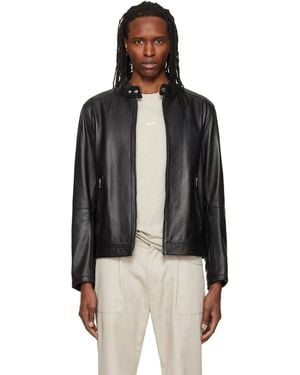 BOSS Logo Trim Grained Leather Jacket - Black