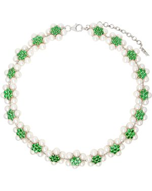 Veert Collier En Or Blanc À Ornements Floraux Avec Perles Et Zircones Cubiques Vertes
