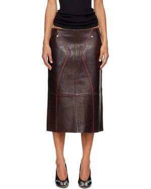 Helmut Lang Jupe Midi Brune En Cuir À Ornements De Style Selle - Marron