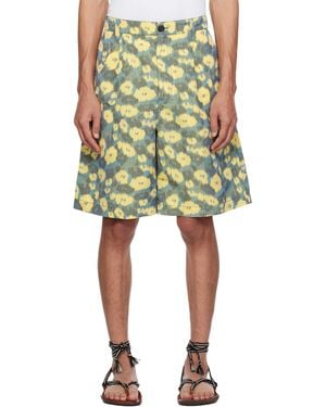 Marni Linen Blend Blurry Floral Print Shorts - Yellow
