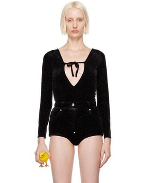 Pushbutton Front Self Tie Bodysuit - Black