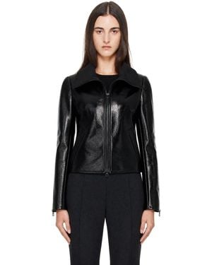 Courreges Blouson Noir En Vinyle Gaufré Façon Croco À Col Droit