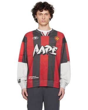 Aape By A Bathing Ape Pull Molletonné Gris Et Rouge À Col Ras Du Cou Et À Logo Moonface