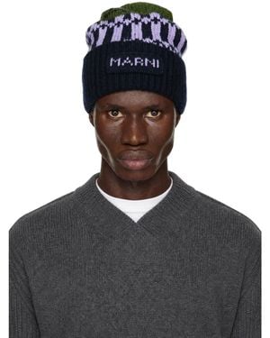 Marni Bonnet Vert Et Bleu Marine En Tricot De Laine - Noir